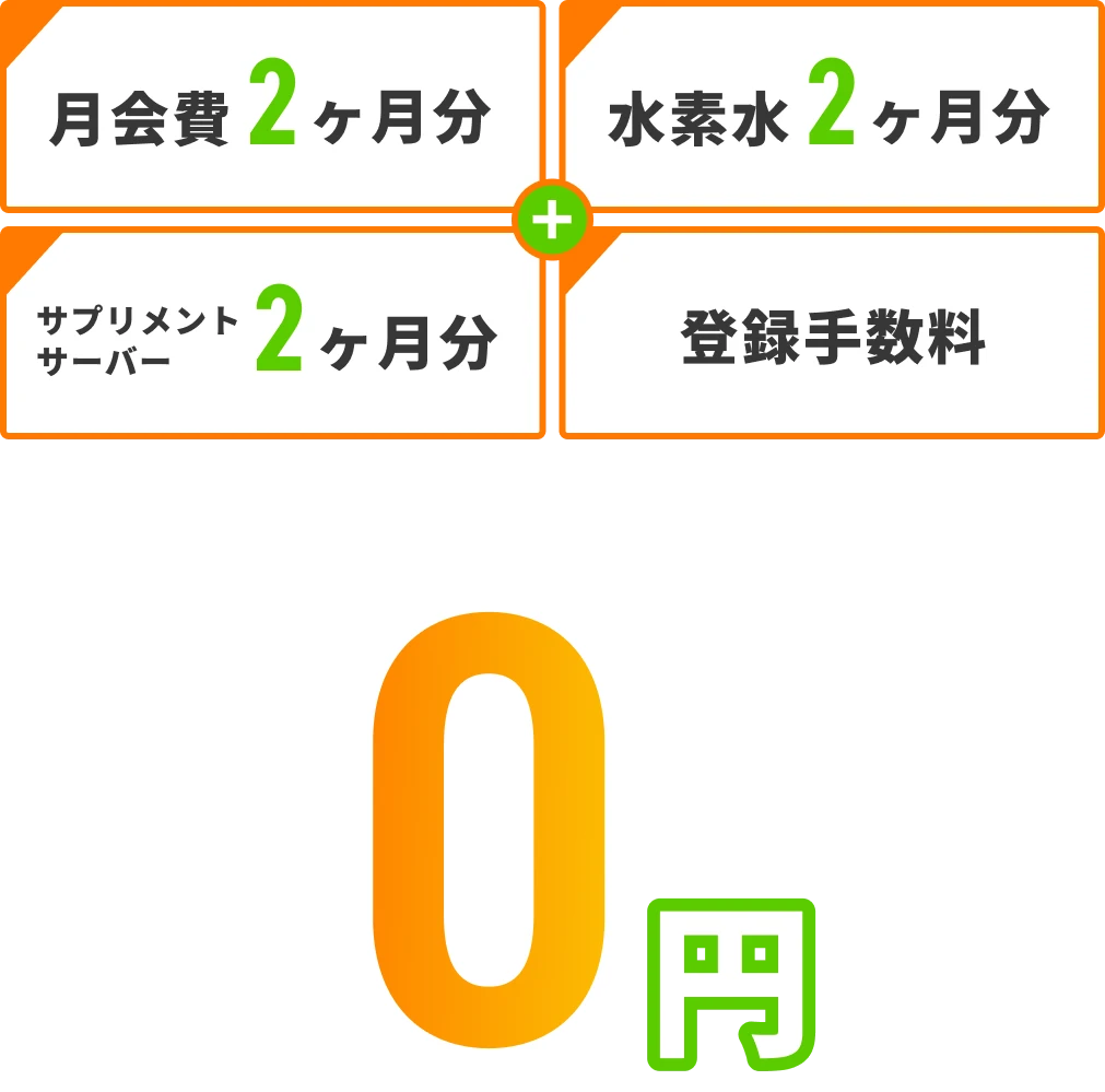 月会費2ヶ月分・水素水2ヶ月分・サプリメントサーバー2ヶ月分・登録手数料 > 0円